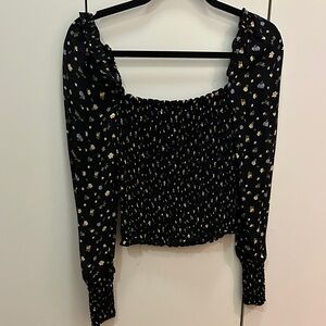 Reformation Black Floral Smocked Blouse
